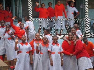Madaraka Pry School, Girls Waving Kenya Orphan School, Nairobi, Kenya, Madaraka Pry School